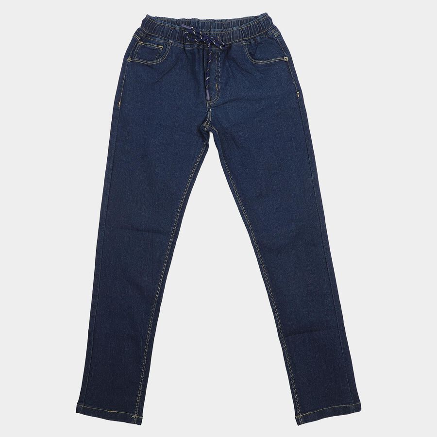 Boys' Navy Blue Straight Fit Drawstring Waist Jeans, Dark Blue, large