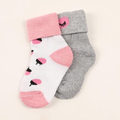 Infants Light Pink and Grey Regular Fit Animal Face and Polka Dot Socks Pack of 2