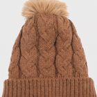 Women's Brown Cable Knit Pom-Pom Beanie Cap, भूरा, small