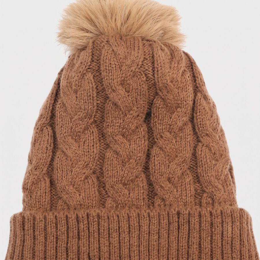 Women's Brown Cable Knit Pom-Pom Beanie Cap, भूरा, large