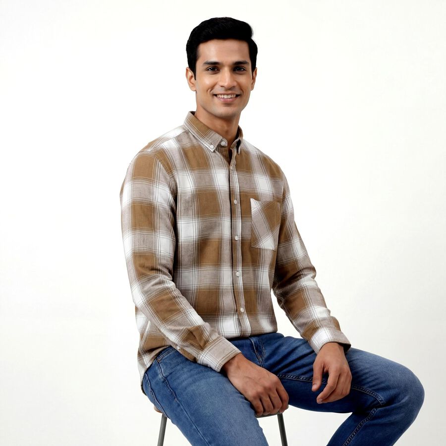 Men's Light Beige Cotton Classic Collar Casual Shirt, Beige, large