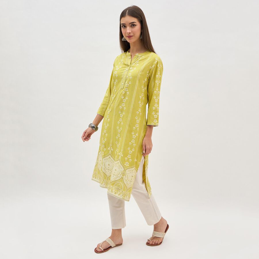 Women's Light Lime Green Round Neck Printed Kurta, Light Green, large