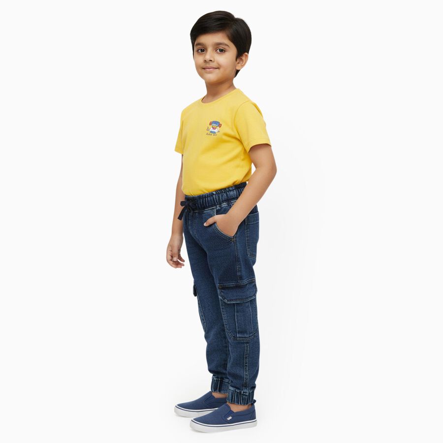 Boys' Dark Blue Cargo Fit Elastic Waist Jeans, मध्यम नीला, large image number null