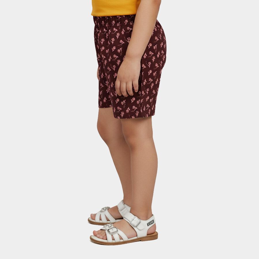 Girls' Wine Floral Elastic Waist Shorts, Wine, large