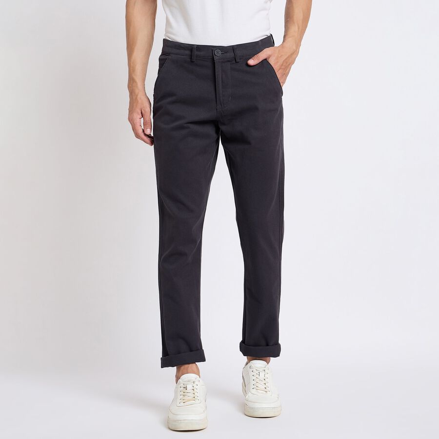 Men's 100% Cotton Slim Fit Casual Trousers , गहरा ग्रे, large