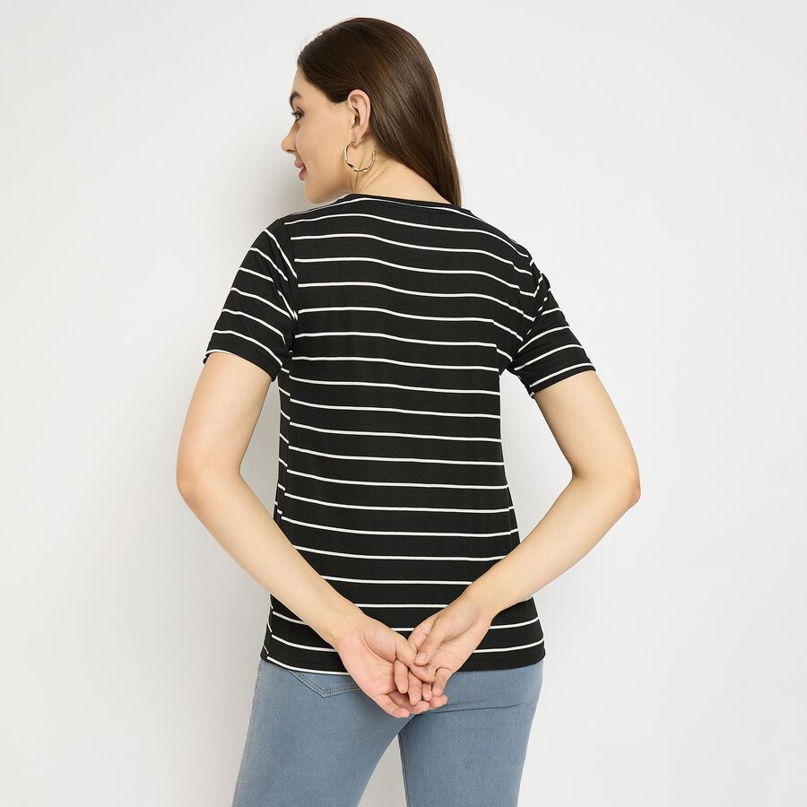 Ladies'  Stripes Round Neck T-Shirt, काला, large image number null