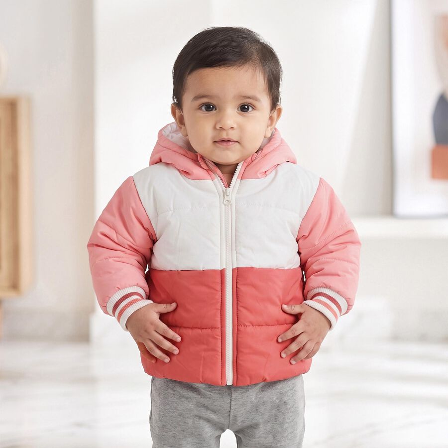 Infants Pink Hooded Puffer Jacket, हल्का गुलाबी, large