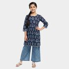 Girls' Navy Blue Round Neck Printed Flared Kurta and Palazzo Fusion Set, नेवी ब्लू, small