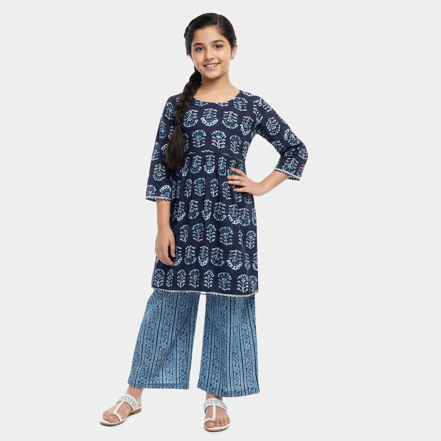 Girls' Navy Blue Round Neck Printed Flared Kurta and Palazzo Fusion Set, नेवी ब्लू, large