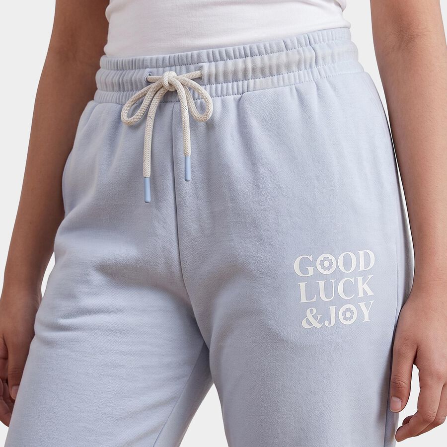 Girls' Light Blue Jogger Fit Typographic Print Winter Pyjama, हल्का नीला, large