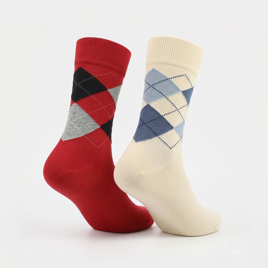 Men's Regular Fit Argyle Pack of 2 Socks ( Beige, Red ), Red, large
