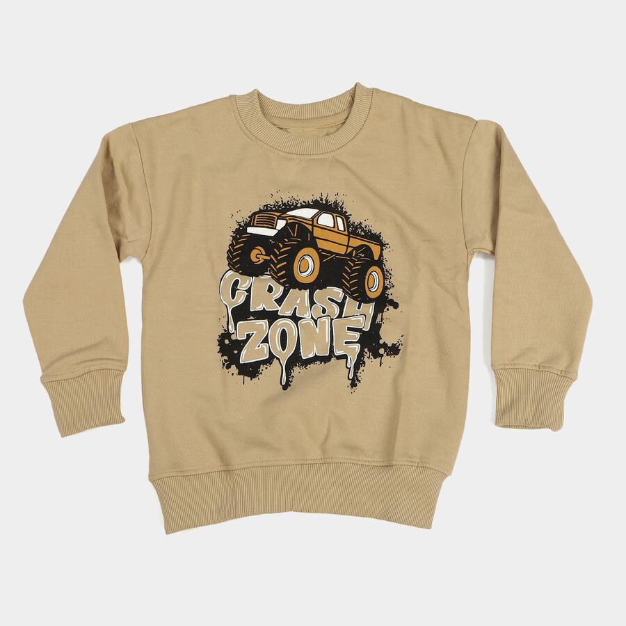 Boys' Beige Crew Neck Graphic Print Sweatshirt, गहरा पीला, large