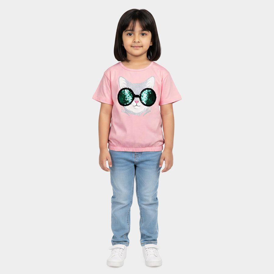 Girls Pink Cotton Round Neck Regular T-Shirt, हल्का गुलाबी, large