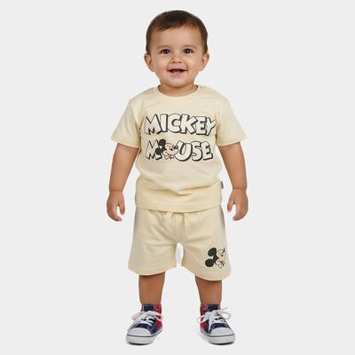 Infants' Beige 100% Cotton Round Neck Graphic Print Baba Suit