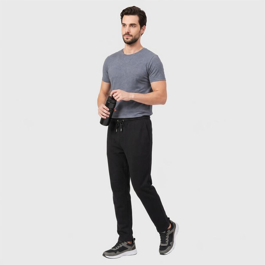 Men's Black Straight Fit Solid Track Pants, काला, large