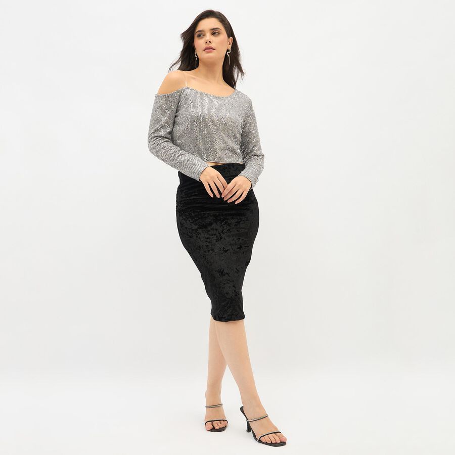 Women's Metallic Silver Asymmetric Party Wear Crop Top, Silver, large