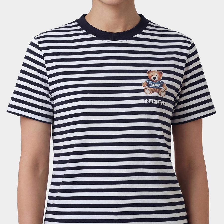 Women's Navy Blue Round Neck Casual T-Shirt, नेवी ब्लू, large