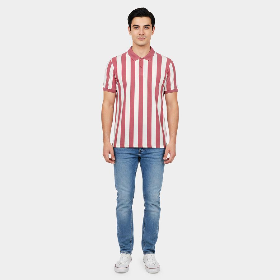 Men's Pink Polo Neck Striped T-Shirt, गुलाबी, large