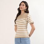 Women's Beige 100% Cotton V-Neck Minimalist Top, Beige, small