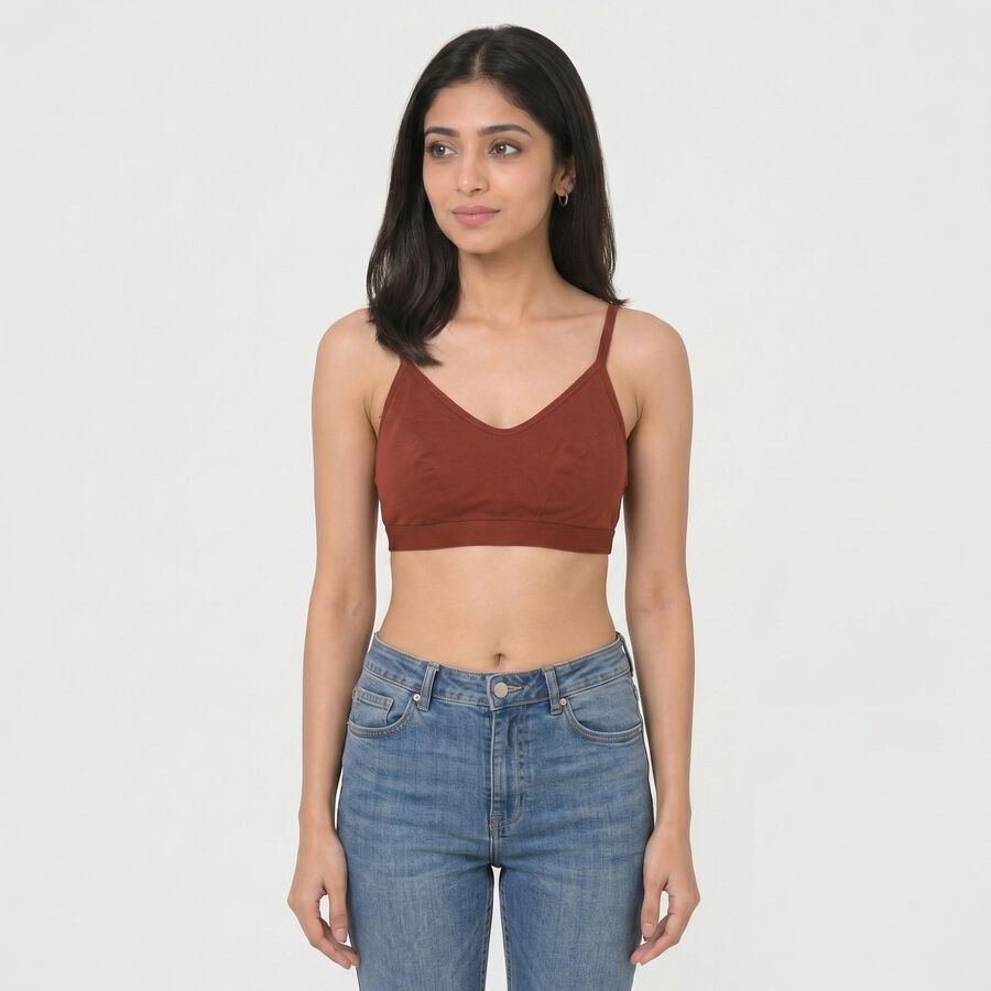 Women's Brown Cotton Blend V-Neck Bralette Bra, Brown, large