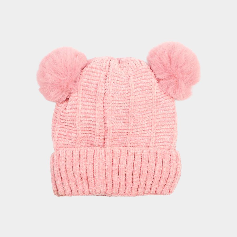 Girls' Pink Embroidered Bear Beanie Cap, Light Pink, large