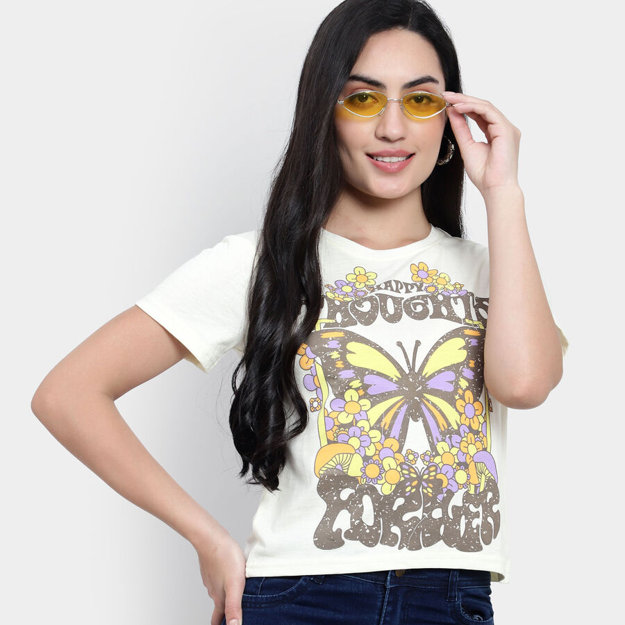 Round Neck T-Shirt, ऑफ व्हाइट, large image number null