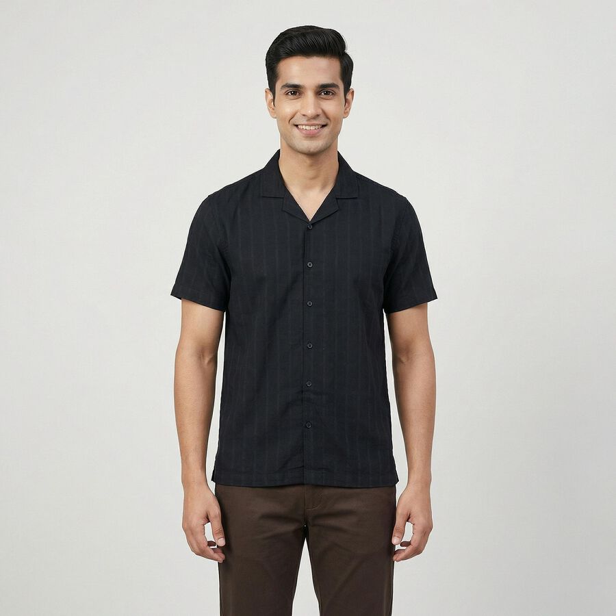 Men's Black Cotton Classic Casual Shirt, काला, large