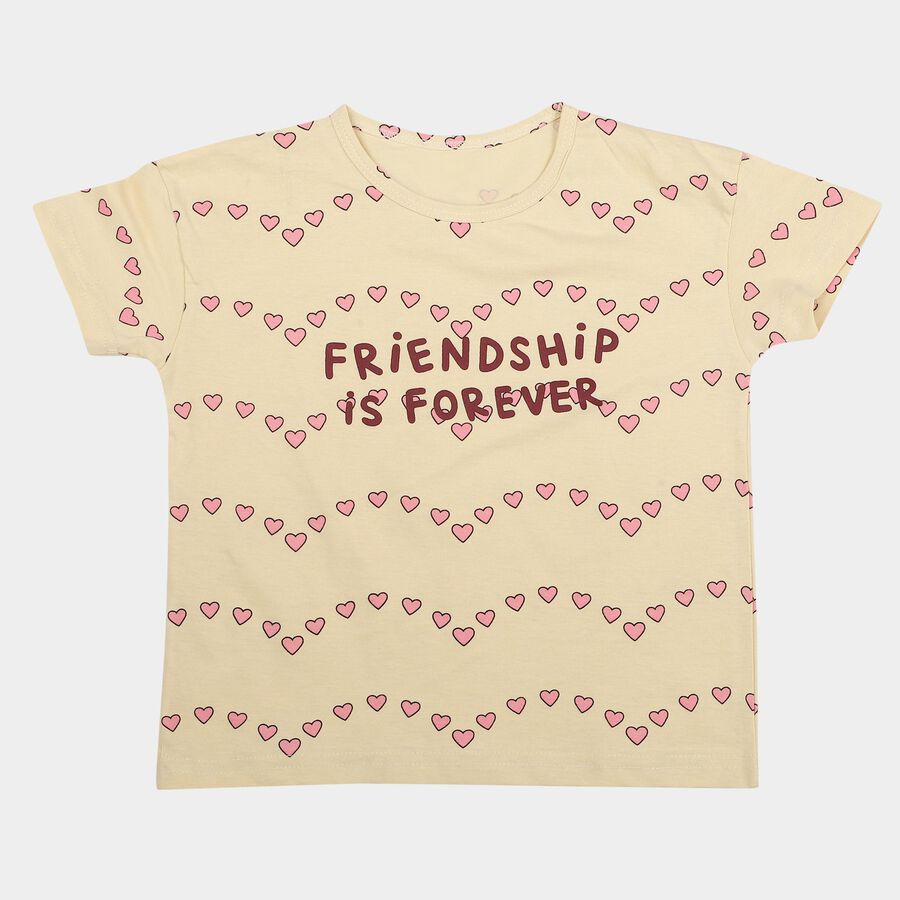 Girls Beige Cotton Round Neck Regular T-Shirt, गहरा पीला, large