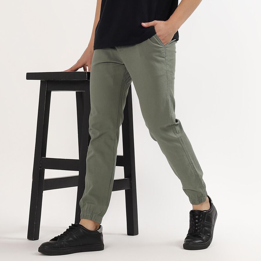 Men's Muted Sage Green Slim Fit Elastic Waist Casual Trousers, Light Green, large image number null