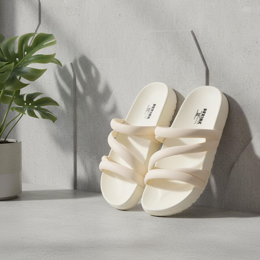 Women's Off White Cross Strap Slip-On Slippers, ऑफ व्हाइट, large