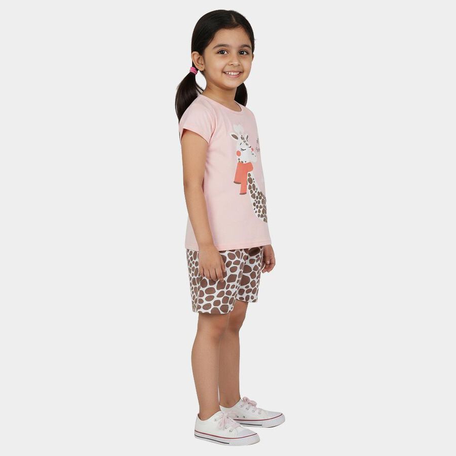 Girls Pink Cotton Round Neck Giraffe Print Night Suit, Light Pink, large