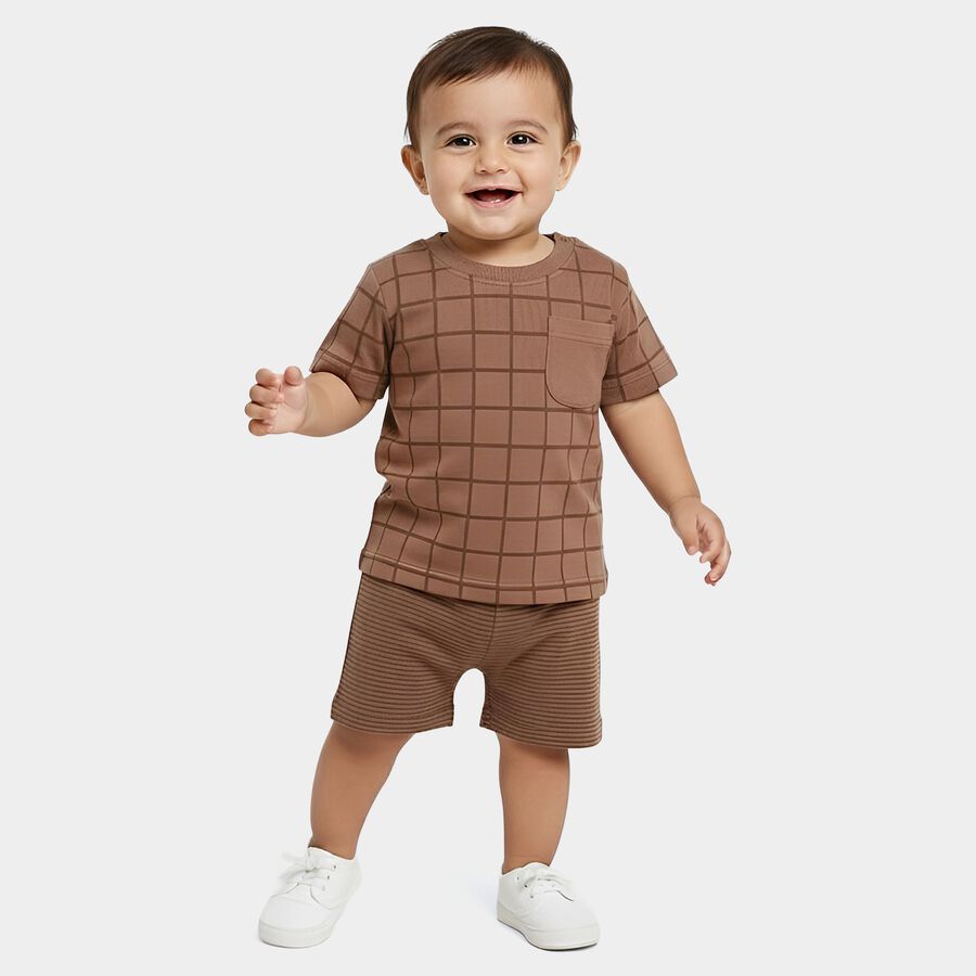 Infants' Beige 100% Cotton Round Neck Checked Baba Suit, Beige, large