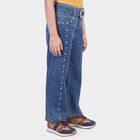 Girls Blue Flared Fit Studded Jeans, मध्यम नीला, small