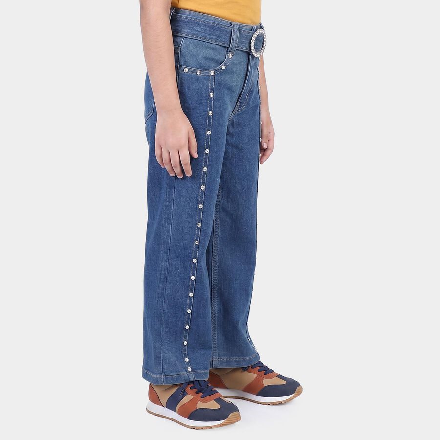 Girls Blue Flared Fit Studded Jeans, मध्यम नीला, large