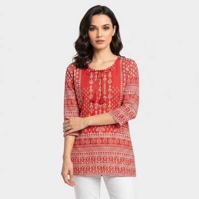 Women's Coral Round Neck Printed Straight Kurti