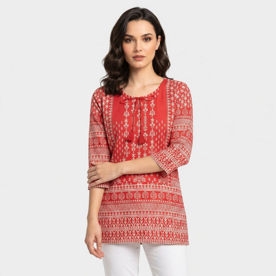 Women's Coral Round Neck Printed Straight Kurti, Coral, large