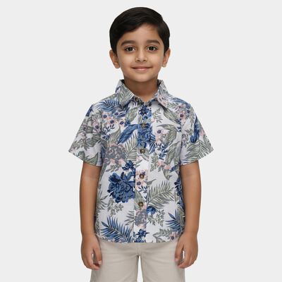 Boys' Off-White Cotton Half Sleeve Spread Collar Floral Casual Shirt