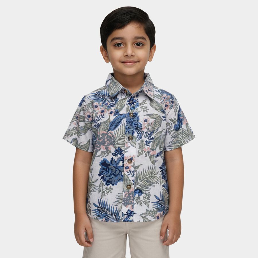 Boys' Off-White Cotton Half Sleeve Spread Collar Floral Casual Shirt, Off White, large