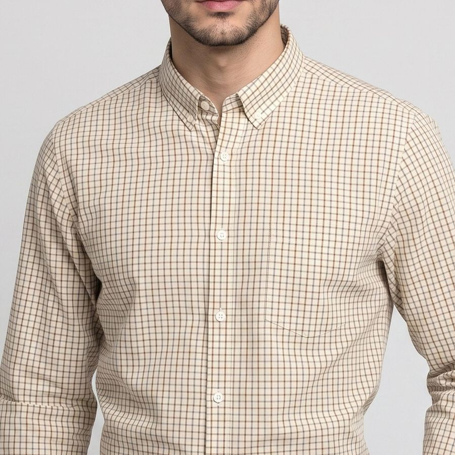 Men's Beige Checked Formal Shirt, Beige, large