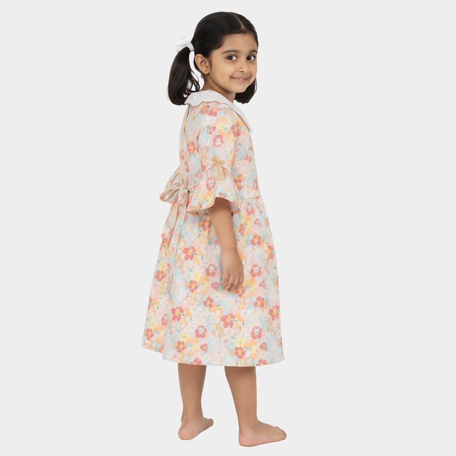 Girls' Pastel Floral Cotton Blend Bell Sleeve Frock, Off White, large image number null