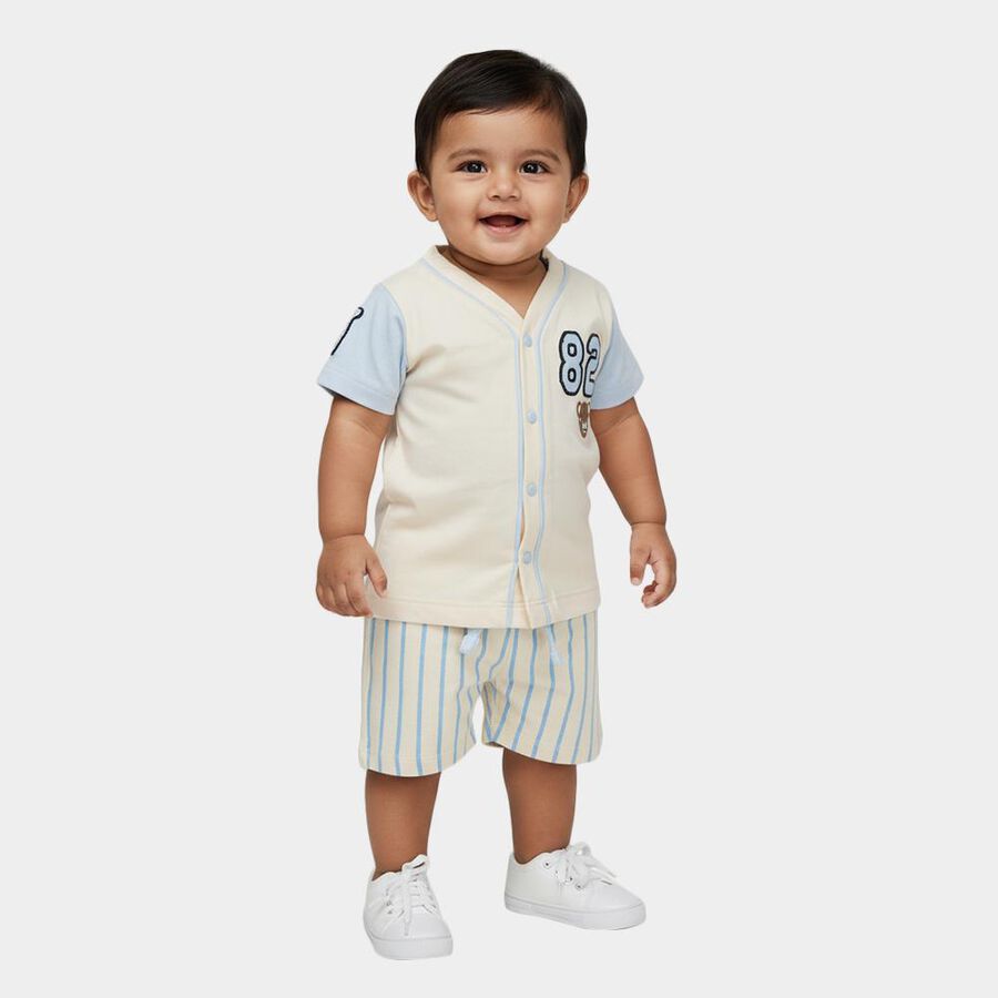 Infants' Beige Cotton V-Neck Embroidered Baba Suit, गहरा पीला, large