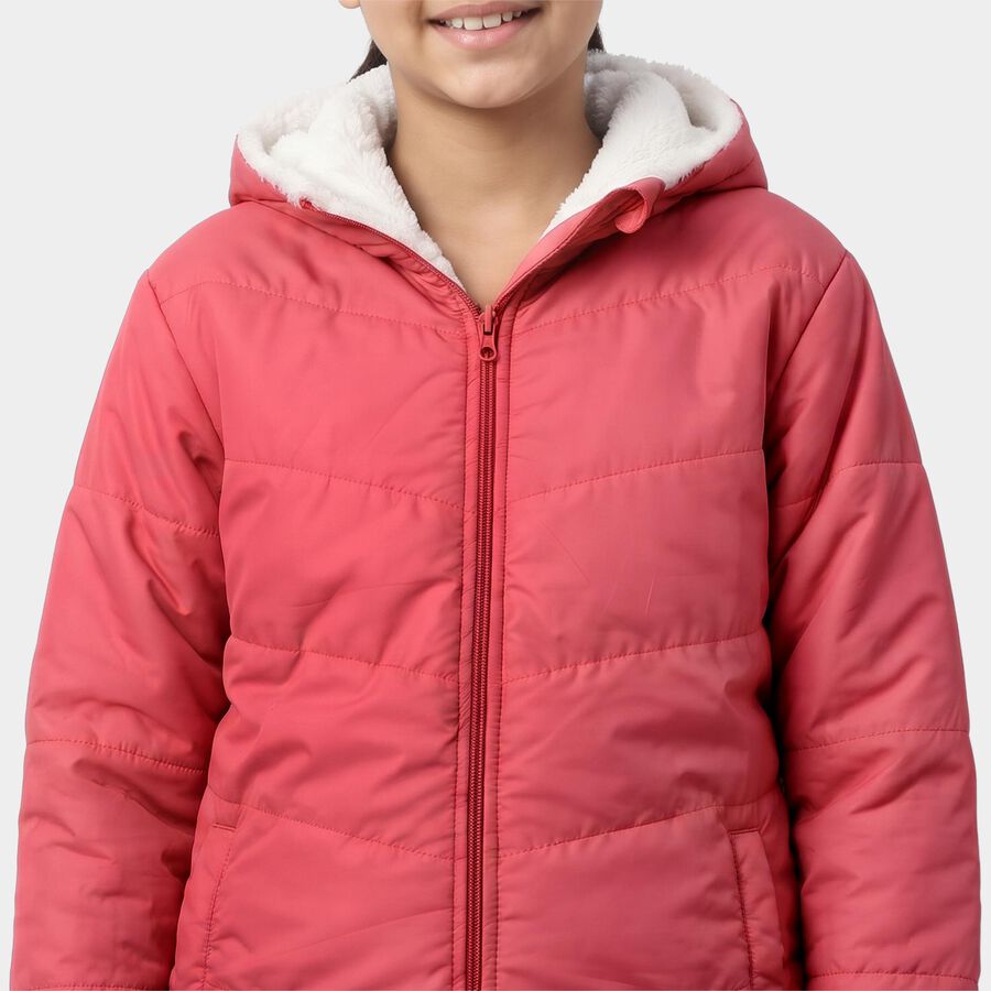 Girls' Pink Hooded Puffer Jacket, Pink, large