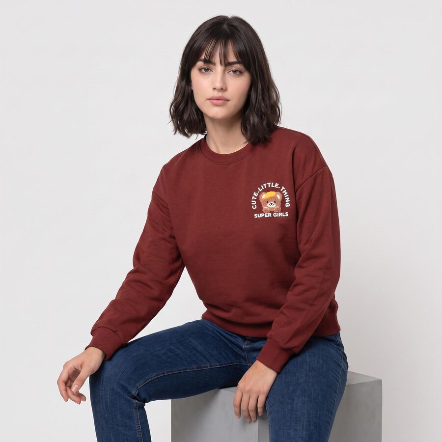 Women Maroon Crew Neck Pullover Sweatshirt, Rust, large