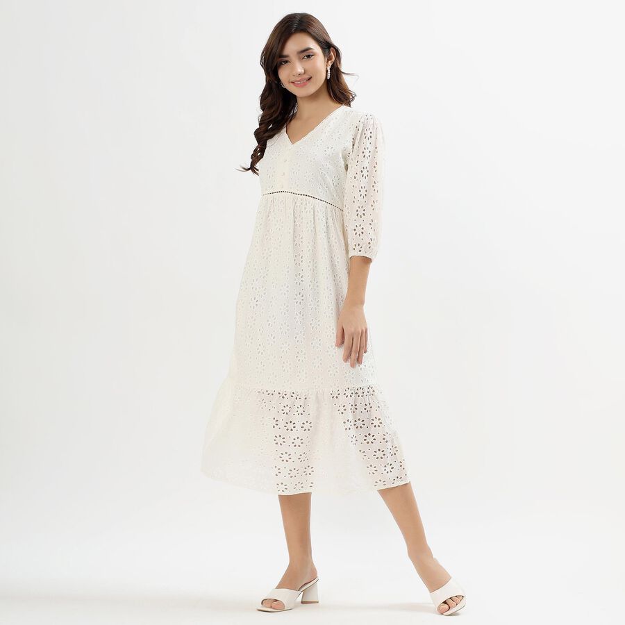 Ladies' Soft Ivory White Cotton V-Neck Empire Dress, ऑफ व्हाइट, large image number null
