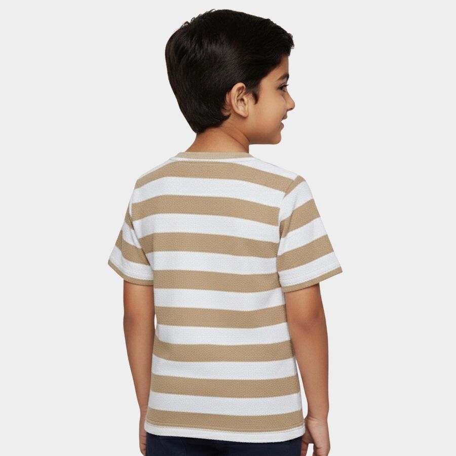 Boys' Beige Round Neck Striped Casual T-Shirt, गहरा पीला, large