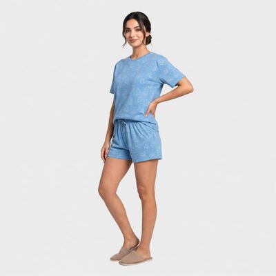 Women's Blue Round Neck Printed Night Suit