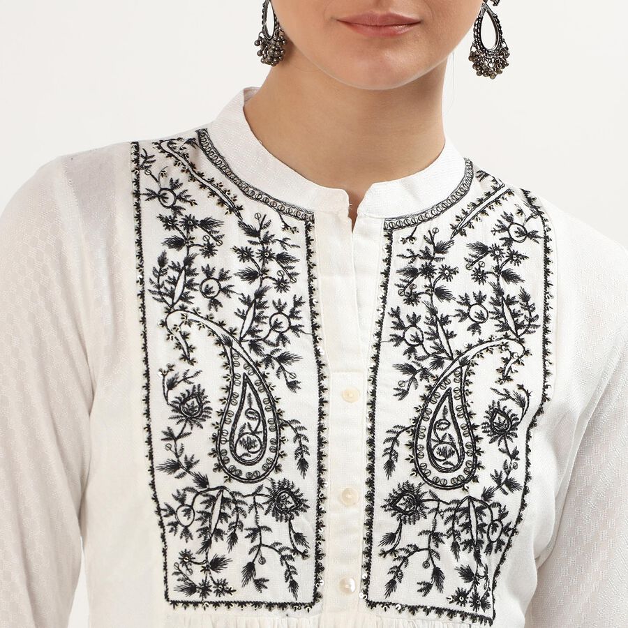 Women's White Mandarin Collar Embroidered Kurta, White, large image number null
