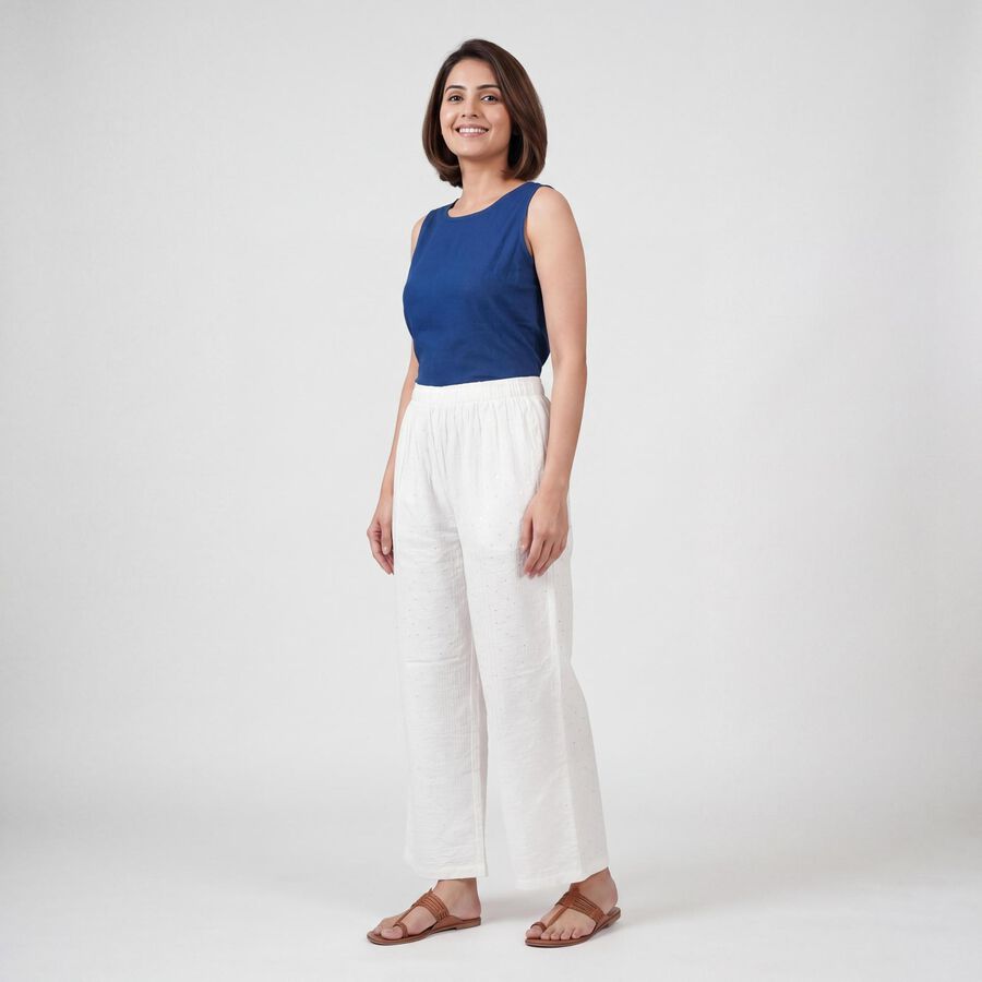 Women's Off White Wide-Leg Solid Palazzos, ऑफ व्हाइट, large