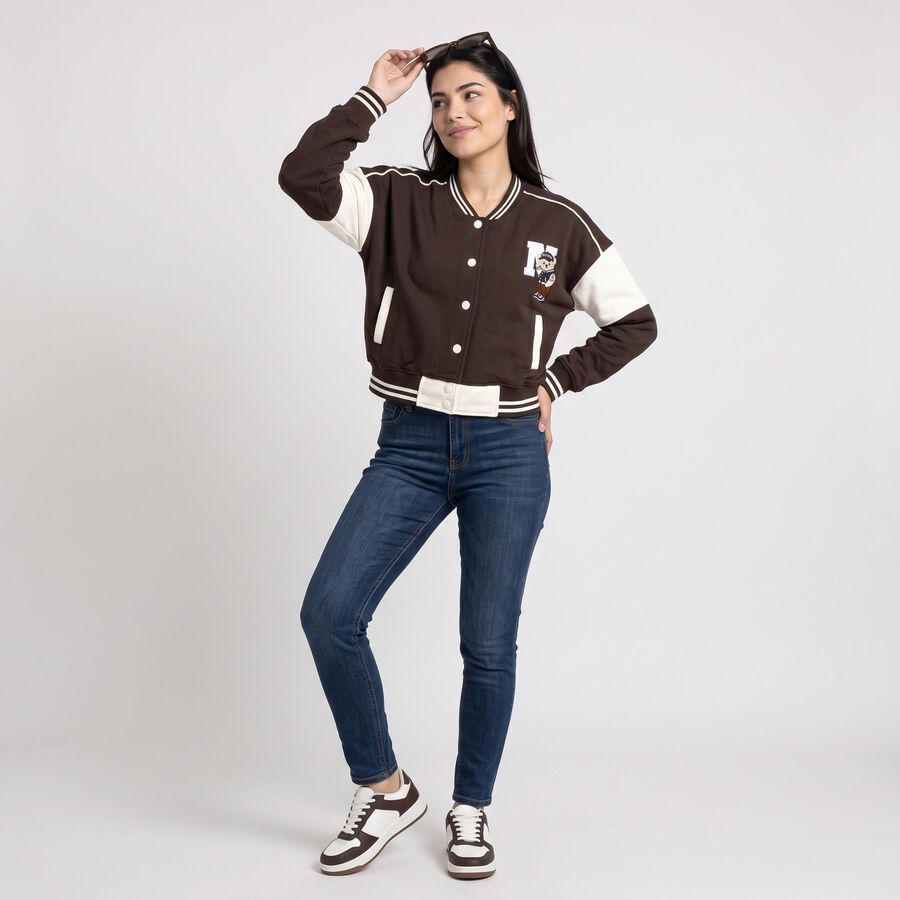 Women's Brown Varsity Jacket, भूरा, large