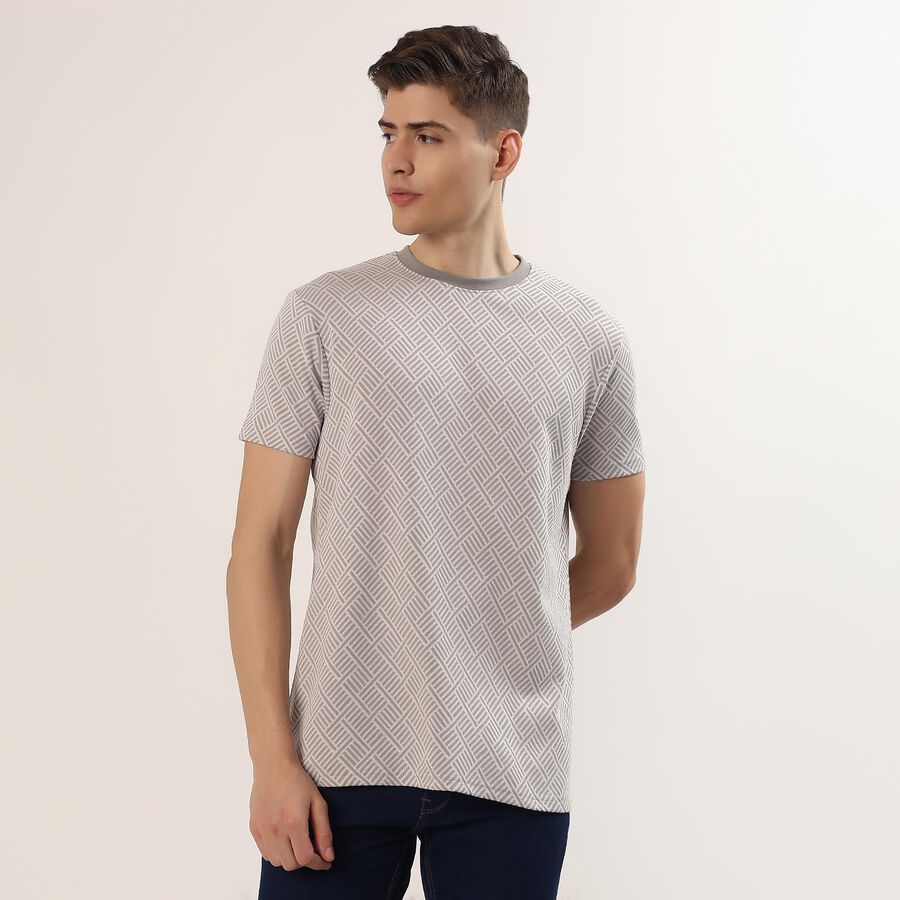 Men's Grey Round Neck Casual T-Shirt, Light Grey, large